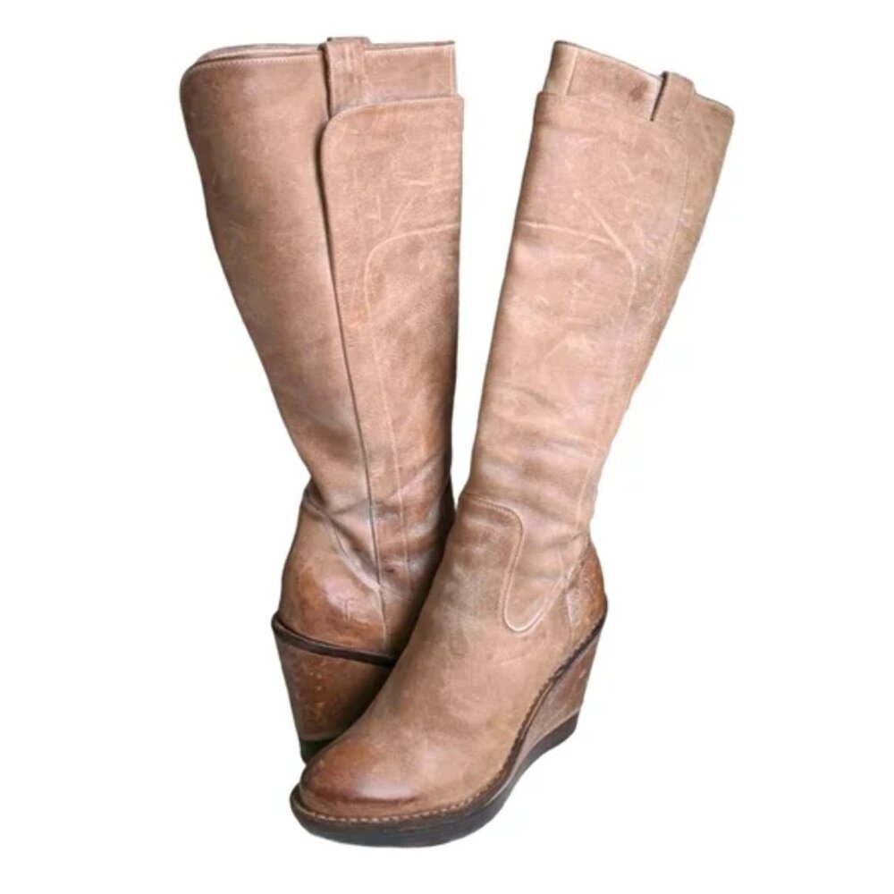 FRYE Women's Paige Wedge Boot, Slate Burnished Antiqued Leather- 9 - Picture 2 of 7